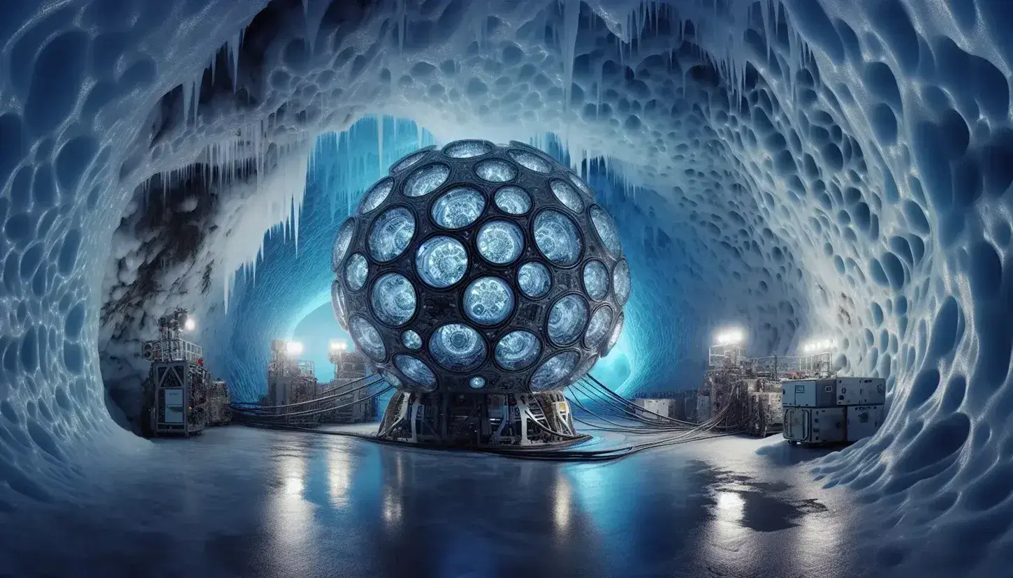 Underground ice cave laboratory with scientists working on a spherical detector immersed in ice, artificially illuminated.