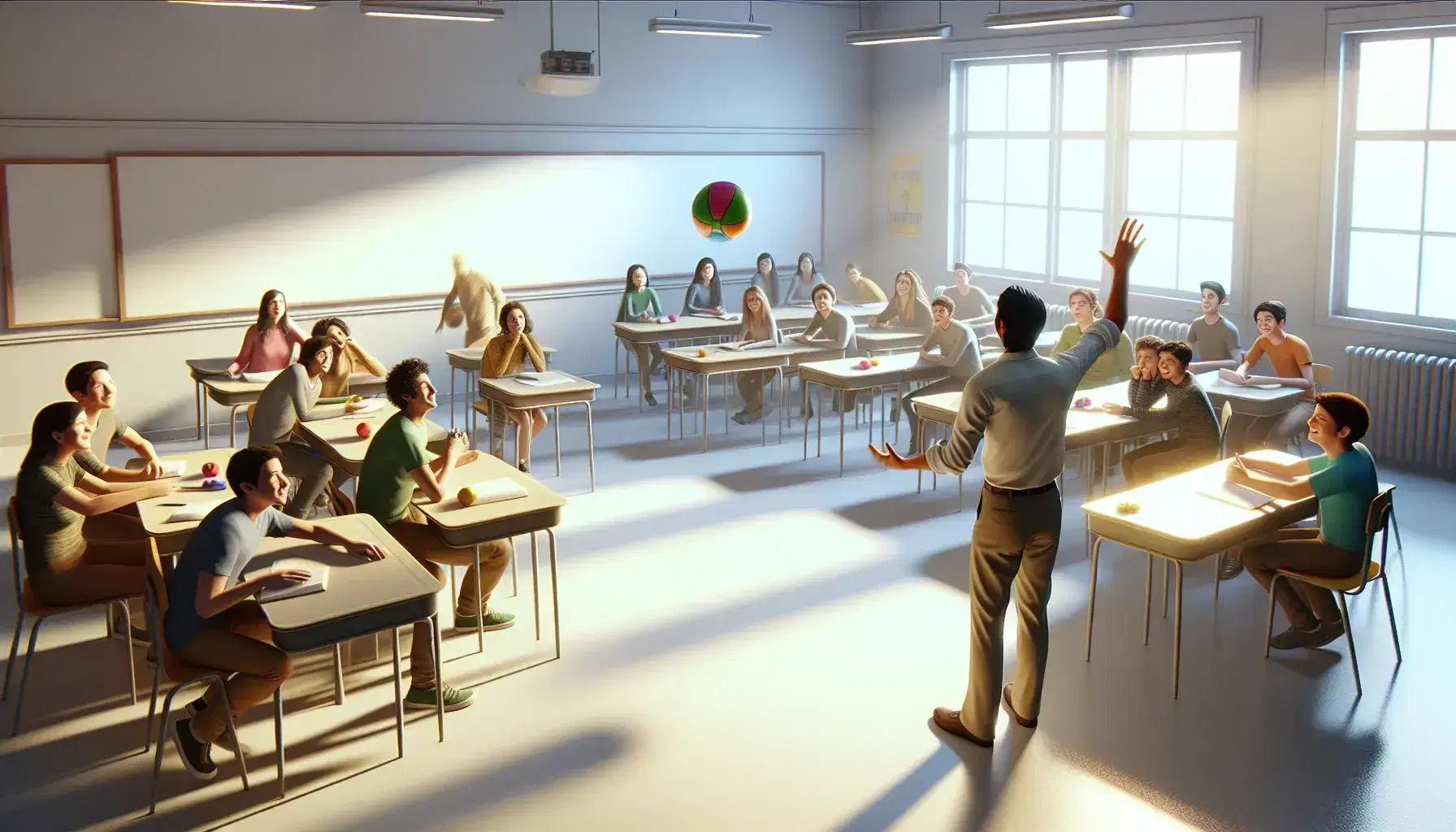 Teacher gesturing to whiteboard in front of semi-circle of students, one tossing a colorful ball to another, in a well-lit classroom.