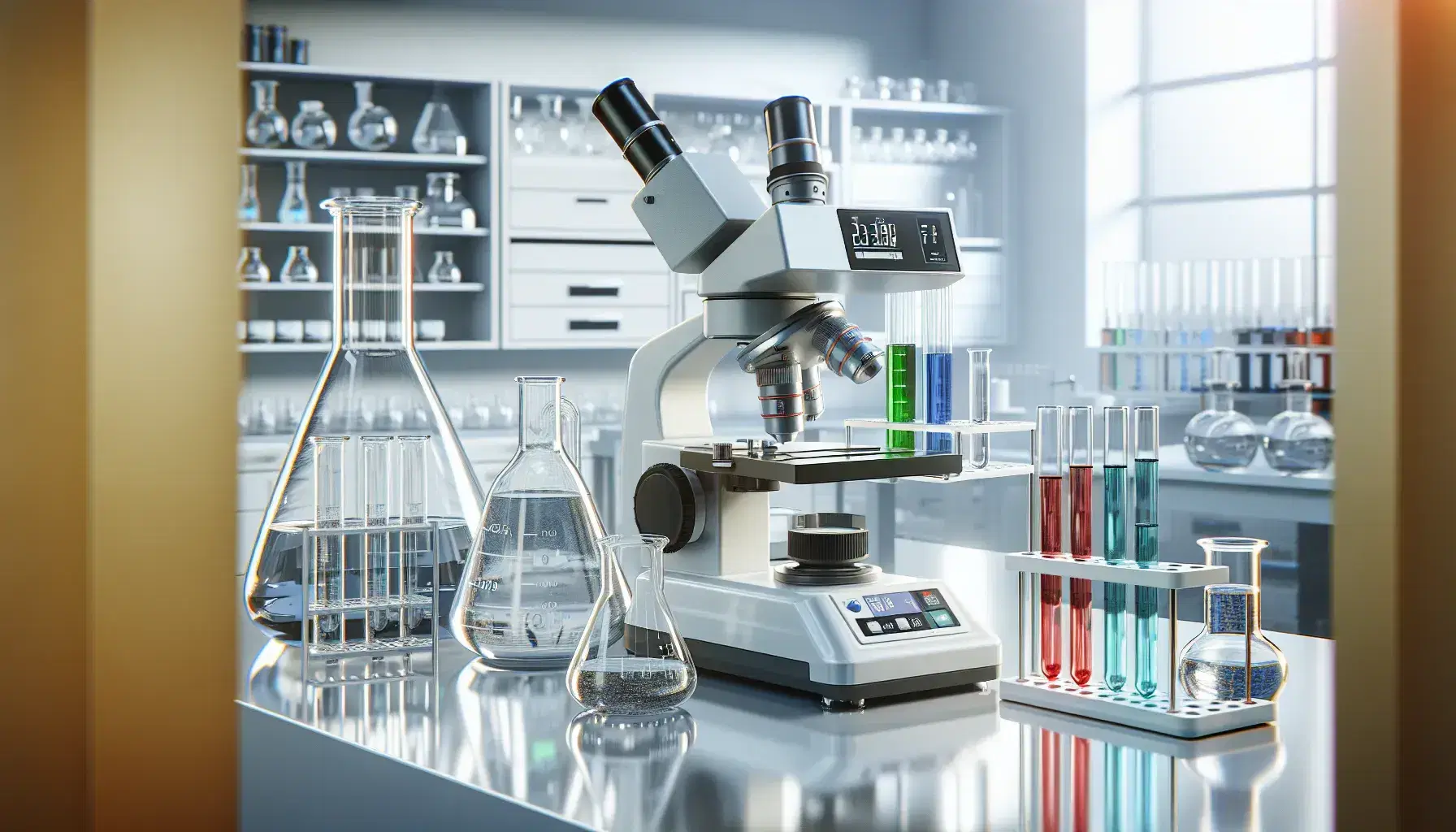 Laboratorio científico moderno con microscopio, tubos de ensayo con líquidos de colores y balanza digital, reflejando limpieza y precisión.