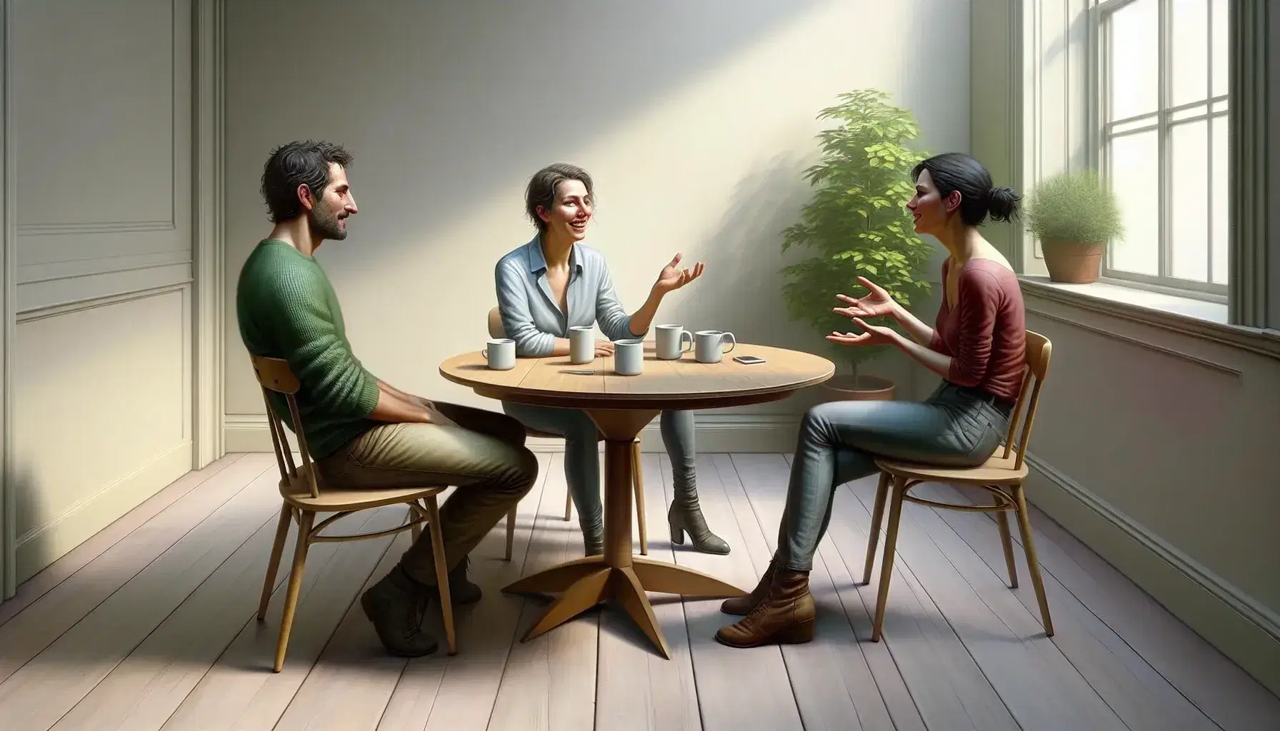 Three people sitting around a circular light wood table chatting animatedly in a room illuminated by natural light.