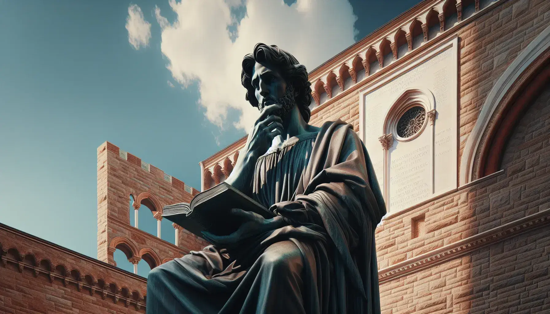 Statua in bronzo di figura rinascimentale pensierosa con libro, abito epocale e mantello, su sfondo di cielo azzurro e edificio in laterizio.