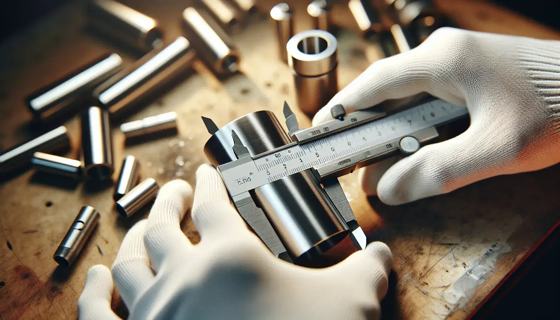 Manos con guantes blancos midiendo pieza metálica cilíndrica con calibre vernier de acero inoxidable sobre fondo de madera desenfocado.