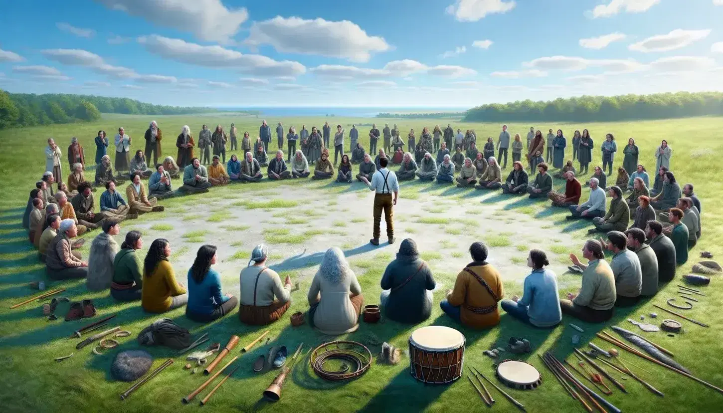 Grupo diverso de personas reunidas al aire libre en semicírculo con una persona en el centro, bajo un cielo azul, con objetos musicales en primer plano.