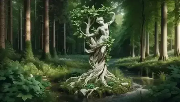 Marble statue of a nymph transforming into a laurel tree, surrounded by lush flora and a stream in an enchanted forest.