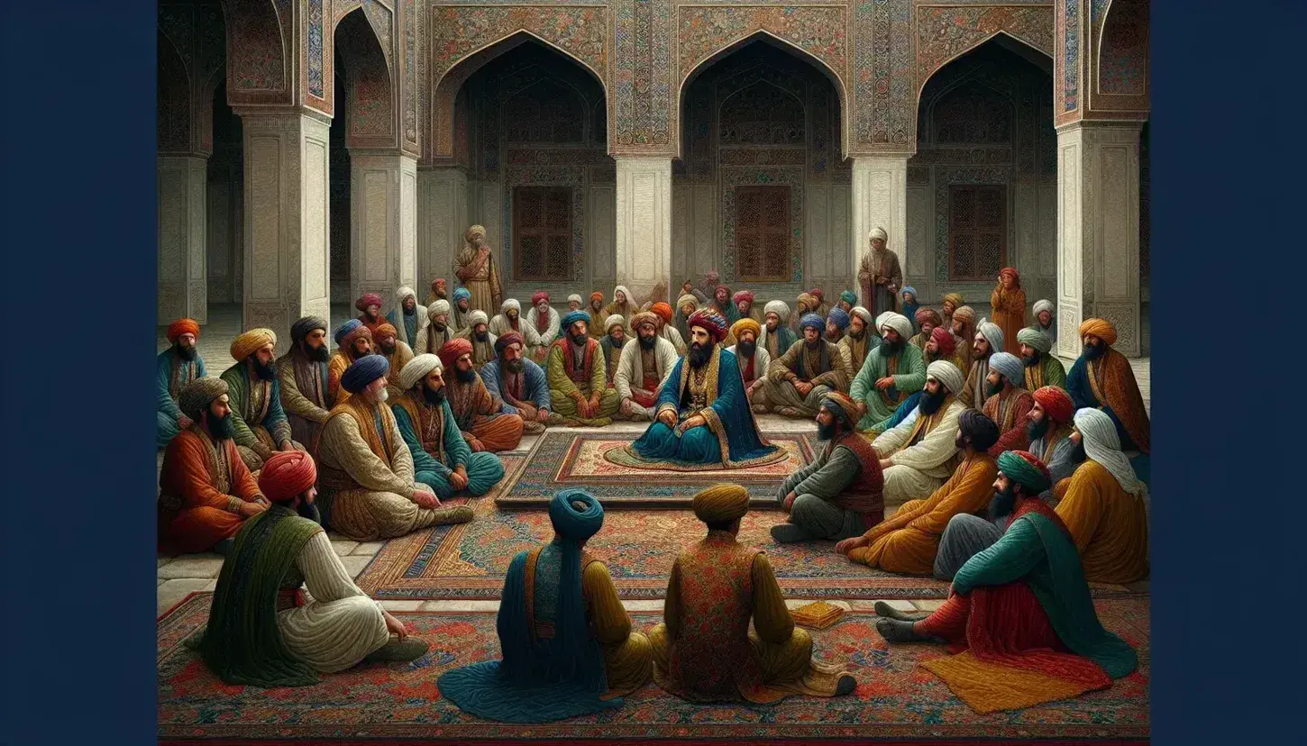 Mughal palace courtyard with diverse group on Persian carpet, figure in Mughal attire leading discussion, arched lattices, and garden backdrop.