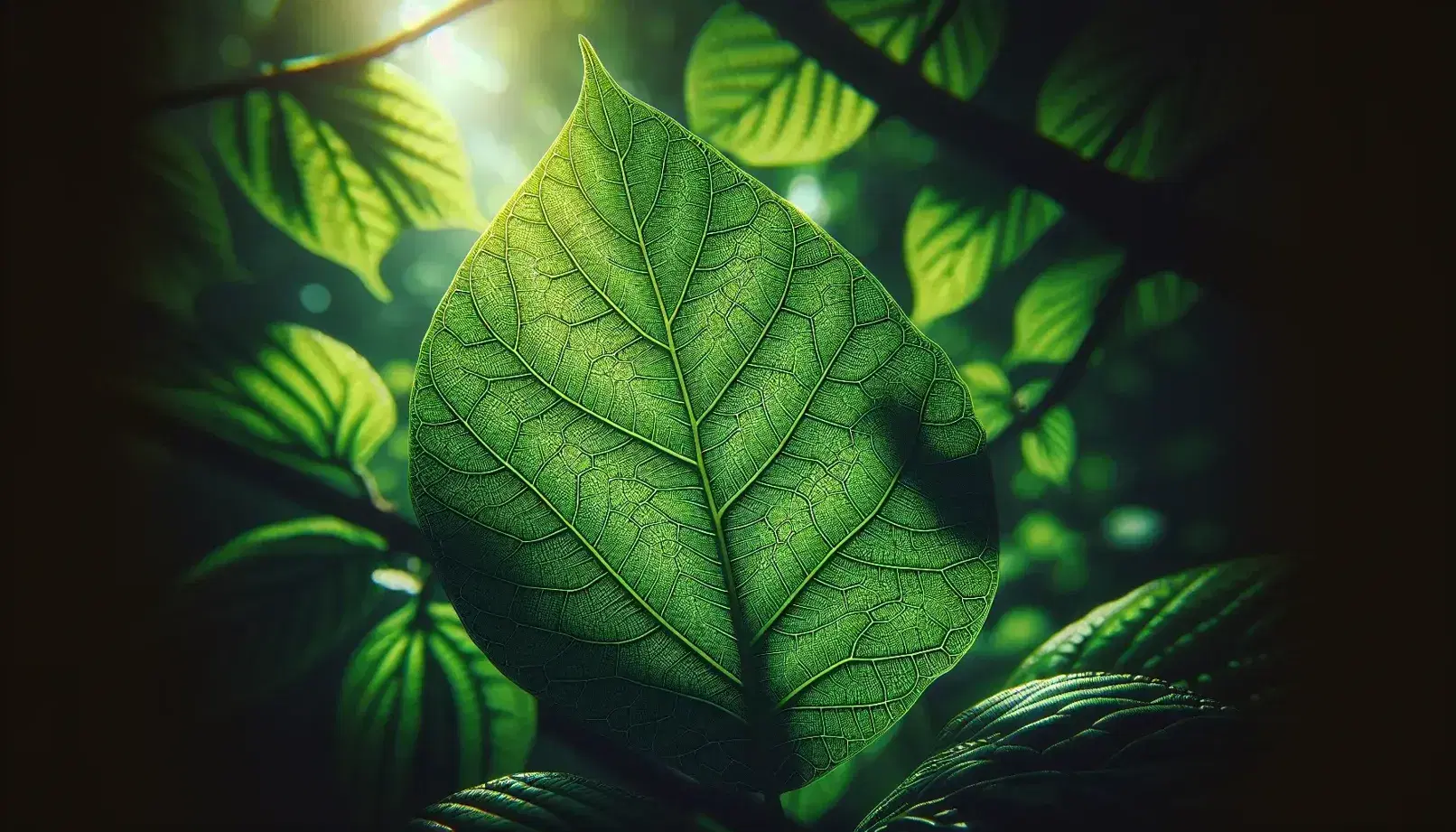 Vibrant green leaf in the foreground with a clear vein pattern and hairy edges, illuminated by the sun against a blurred foliage background.