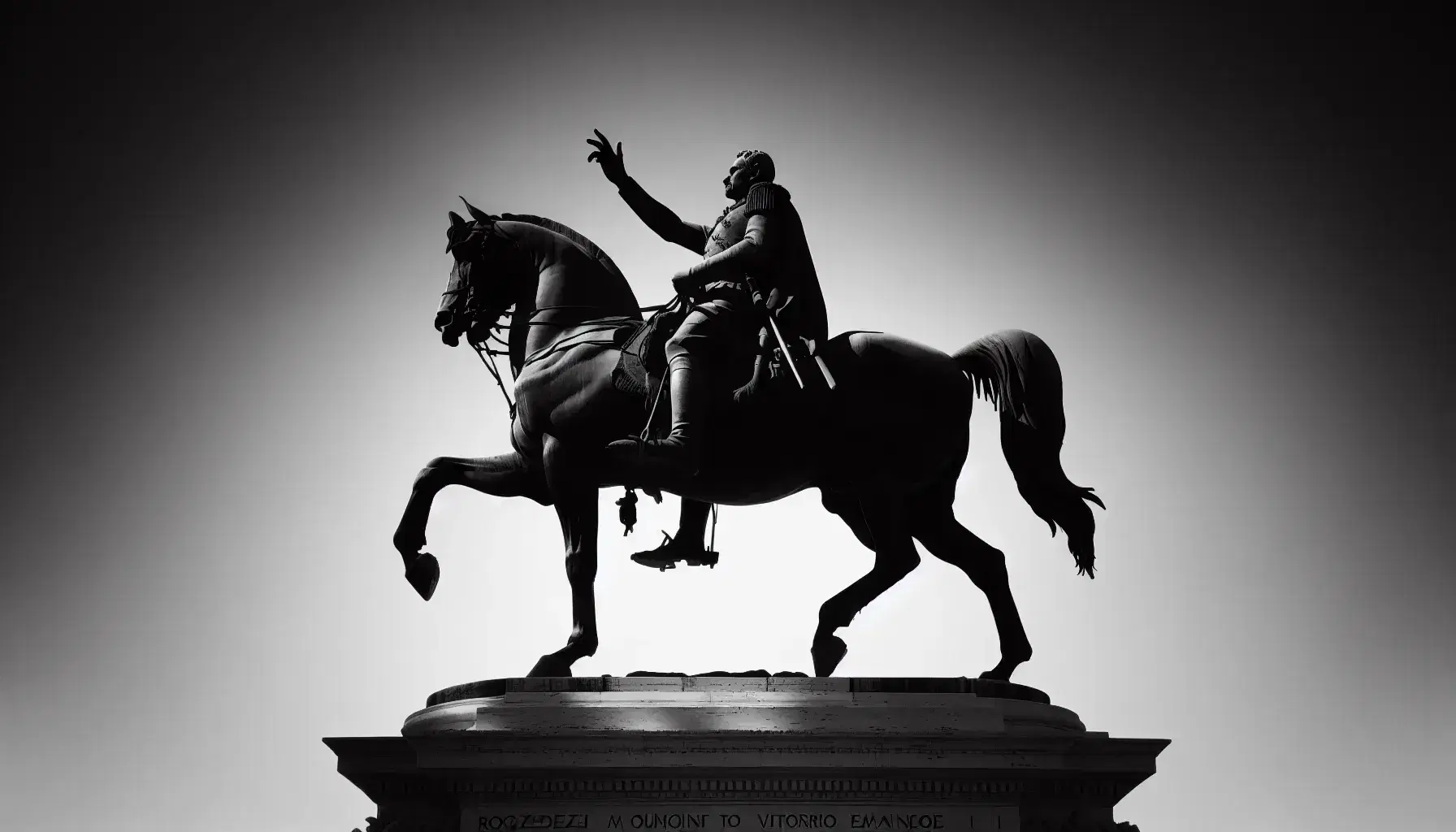 Statua equestre di Vittorio Emanuele II a Roma, con cavallo impennato e figura in uniforme militare, in bianco e nero.