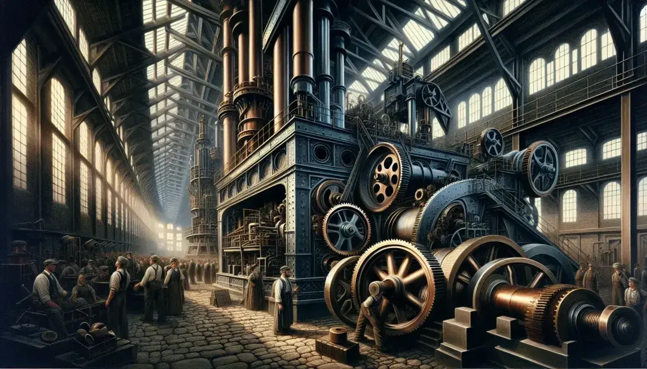 Escena de fábrica industrial durante la Revolución Industrial con grandes motores a vapor, engranajes, tuberías de cobre y trabajadores en movimiento bajo luz natural.