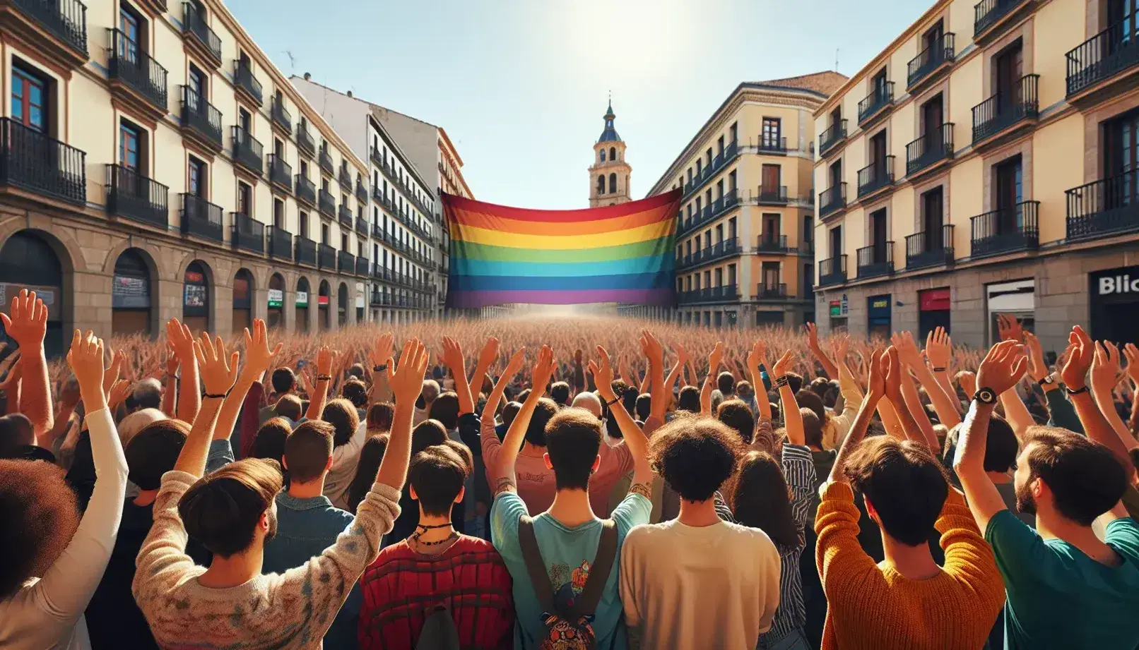 Crowd with raised hands at a vibrant street demonstration in Spain, holding a large rainbow flag, with European architecture under a clear blue sky.