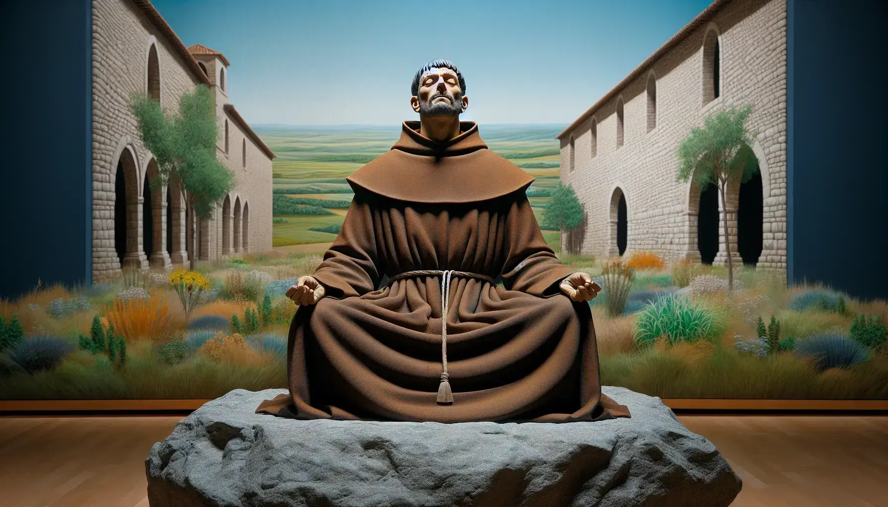 San Francesco d'Assisi in meditazione, seduto su un masso, con abito marrone e corda annodata, in un paesaggio sereno con chiesa e natura.