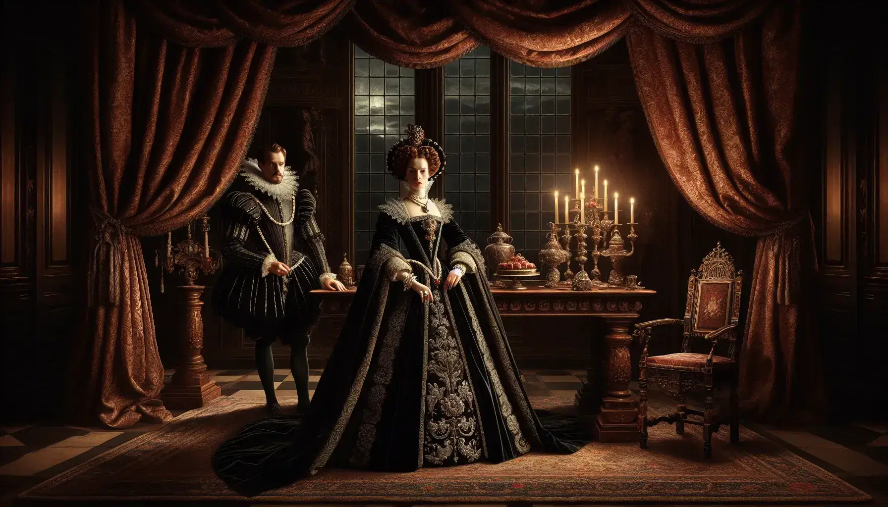 Opulent Jacobean chamber with a woman in a black velvet gown and a man in noble attire, surrounded by red drapes, a candelabra, and rich tapestries.