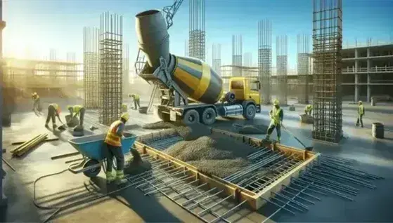 Sitio de construcción con mezcladora de cemento amarilla, trabajadores vertiendo concreto y nivelando la base para una estructura, bajo un cielo azul claro.