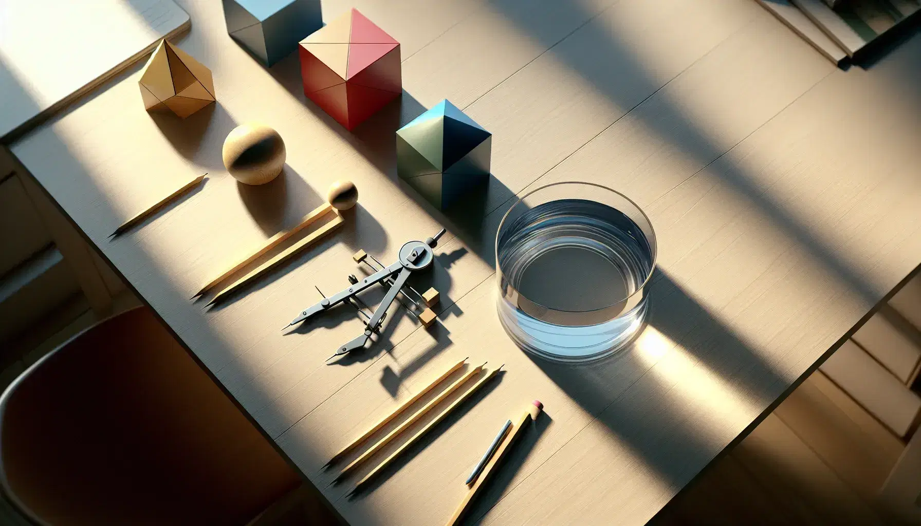 Wooden desk with mathematical objects: colorful geometric shapes, compass in water and wooden puzzle pieces, natural lighting.