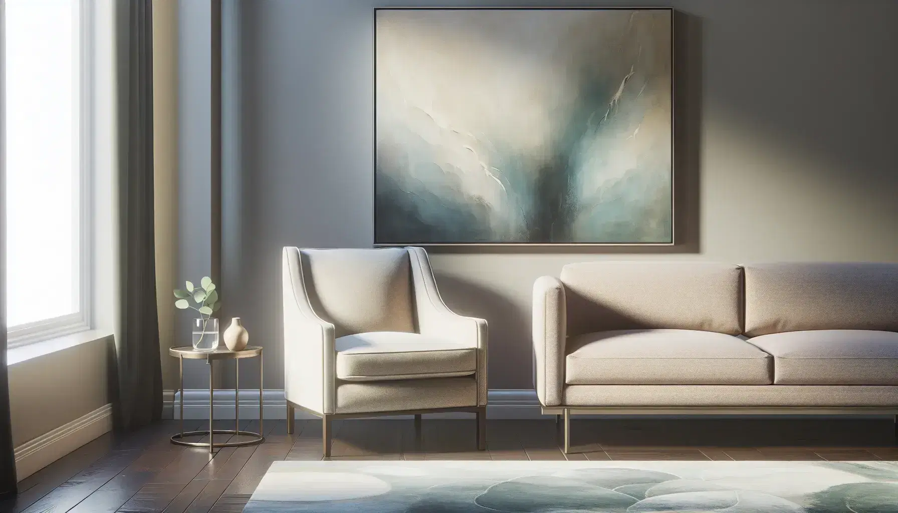 Cozy therapy office with beige fabric armchair and sofa, blue-green abstract painting and coffee table with pastel flowers.