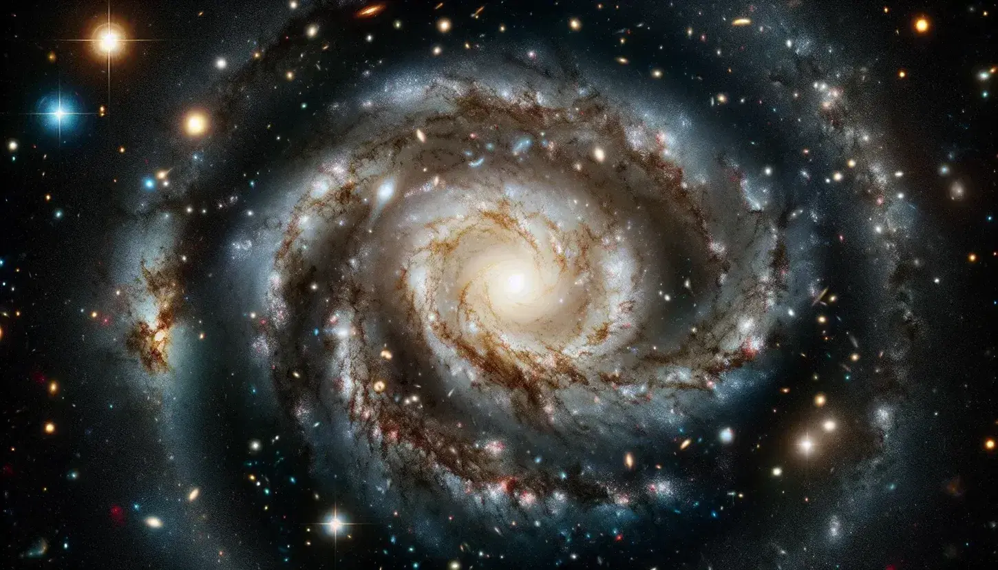 Vista panorámica del espacio profundo con una galaxia espiral central, brazos estelares en tonos azules y amarillos y una nebulosa rojiza en la esquina inferior derecha.