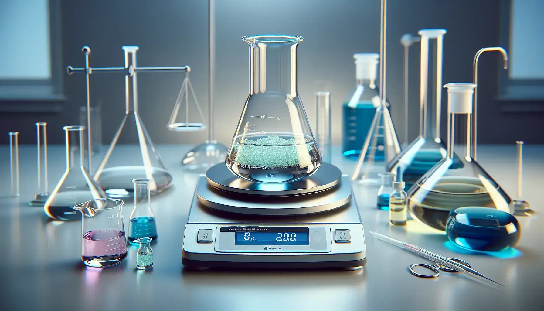 Digital analytical balance with green crystalline substance in glass beakers, surrounded by graduated cylinder and Erlenmeyer flasks with colored liquids in laboratory.