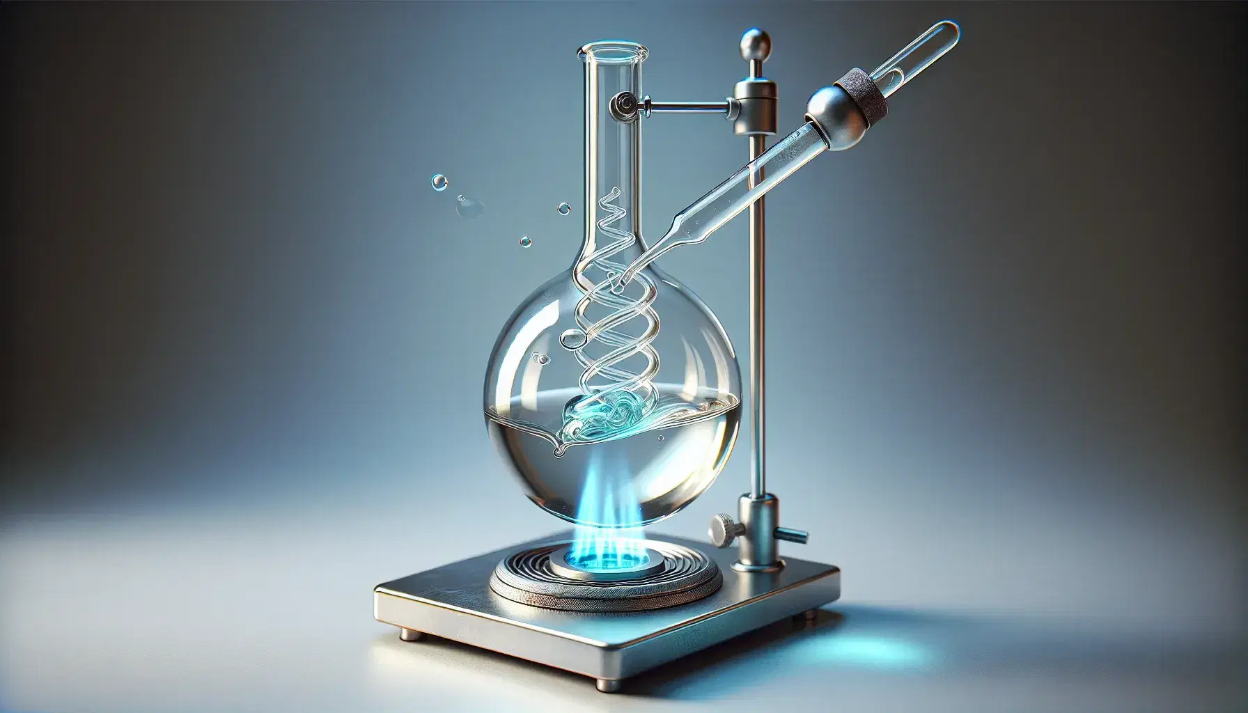 Glass flask on metal stand with light yellow liquid heated by blue Bunsen flame, mixed by magnetic stirrer, drop added by dropper.