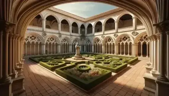 Patio interior de convento antiguo con jardín geométrico, claustro con arcos semicirculares y estatua de mujer con libro en un día soleado.