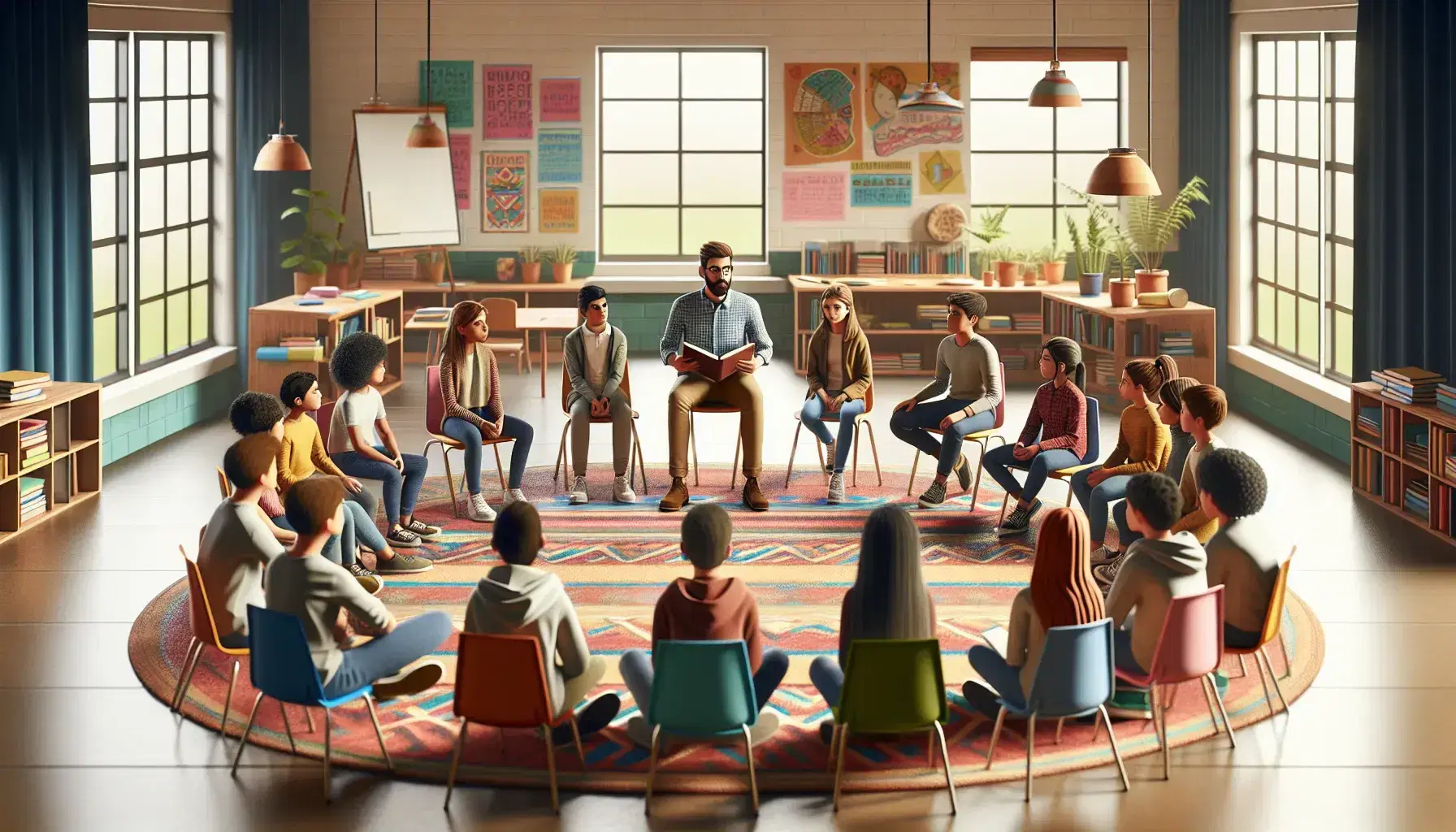 Gruppo di studenti multietnici seduti in cerchio su sedie colorate in aula luminosa, con insegnante al centro che tiene un libro aperto.