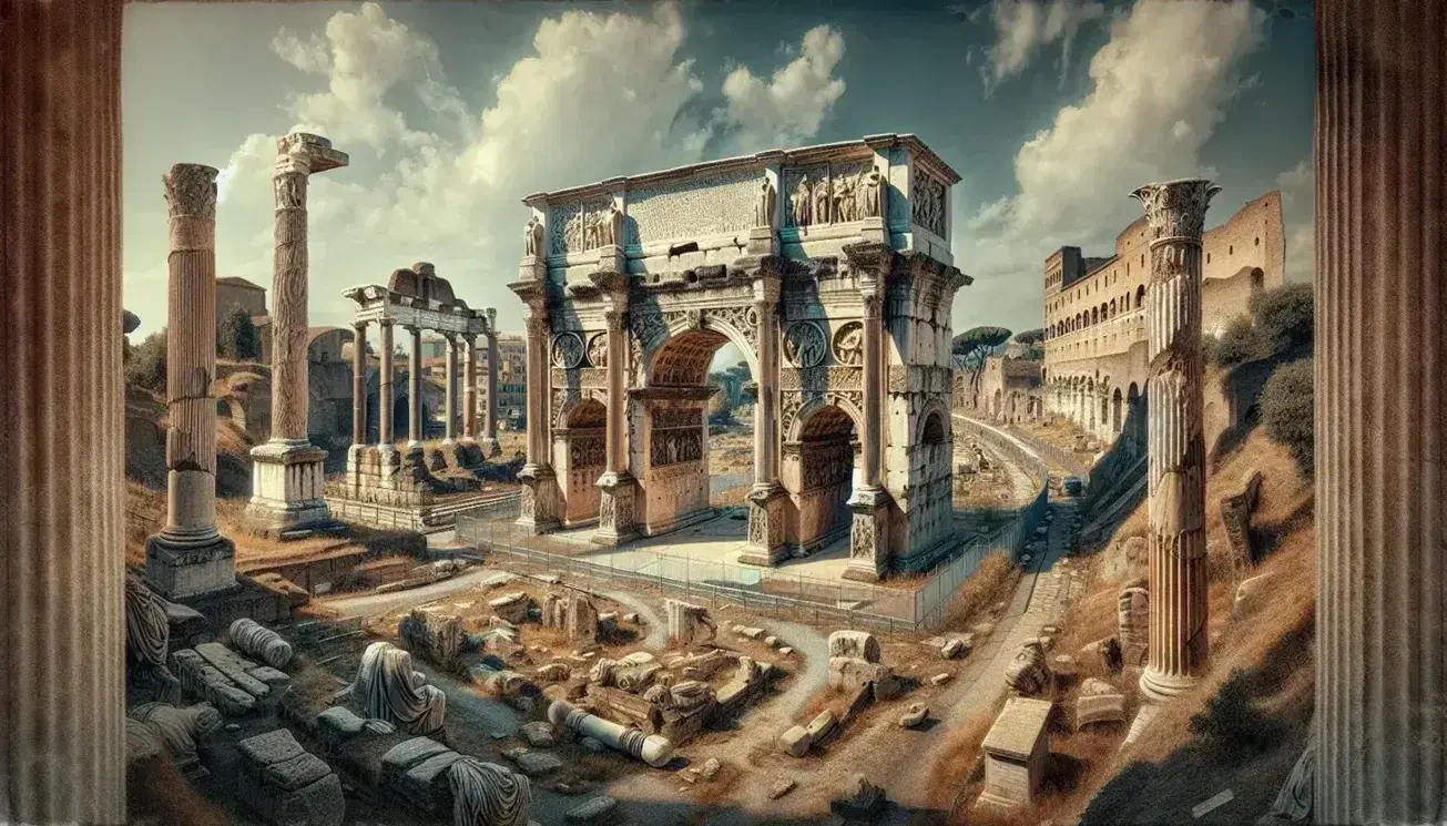 Vista panoramica del Foro Romano con l'Arco di Settimio Severo, la Colonna di Foca e i resti del Tempio di Saturno sotto un cielo azzurro.