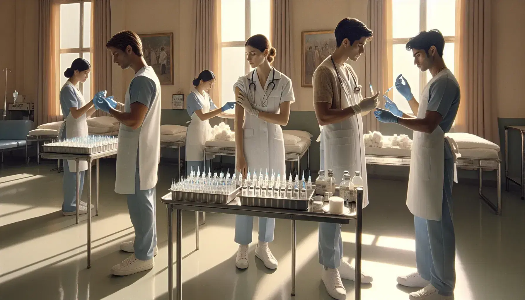 Tres enfermeras de diversas etnias trabajan en una clínica, administrando vacunas y organizando suministros médicos en un entorno iluminado.