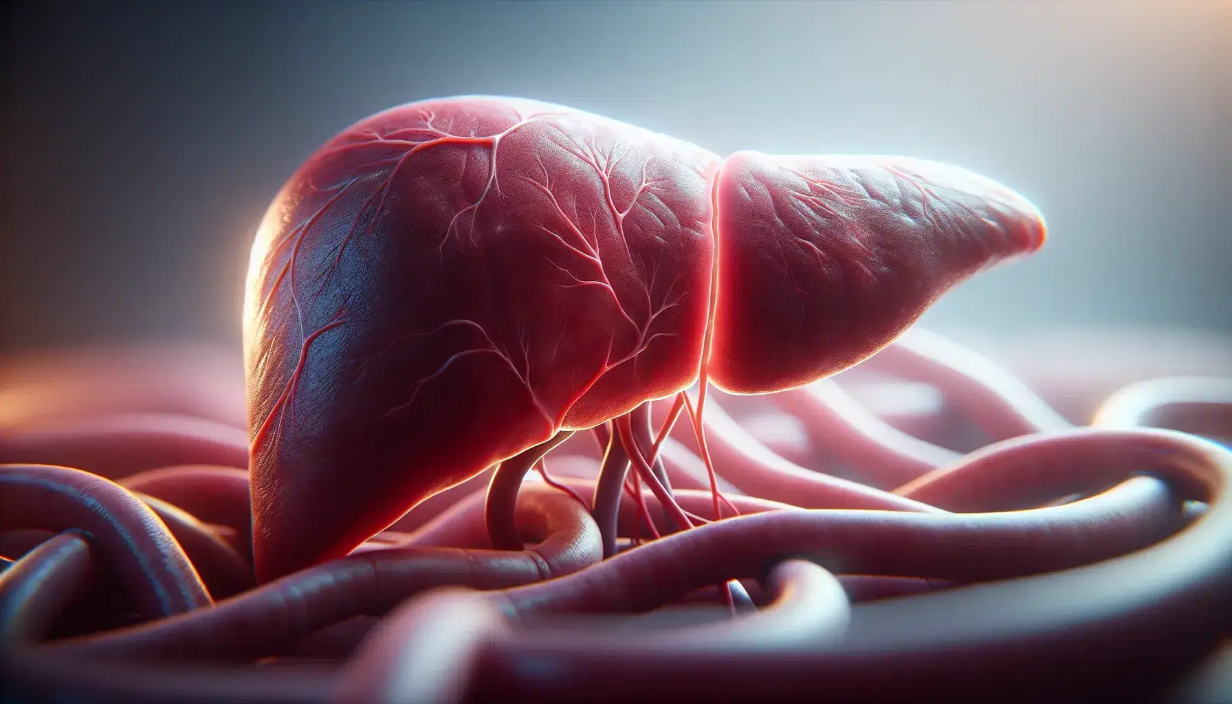 Vista cercana de un hígado humano sano con textura suave y color rojo-marrón homogéneo, iluminado sutilmente, mostrando sombras leves y estructura tubular borrosa al fondo.