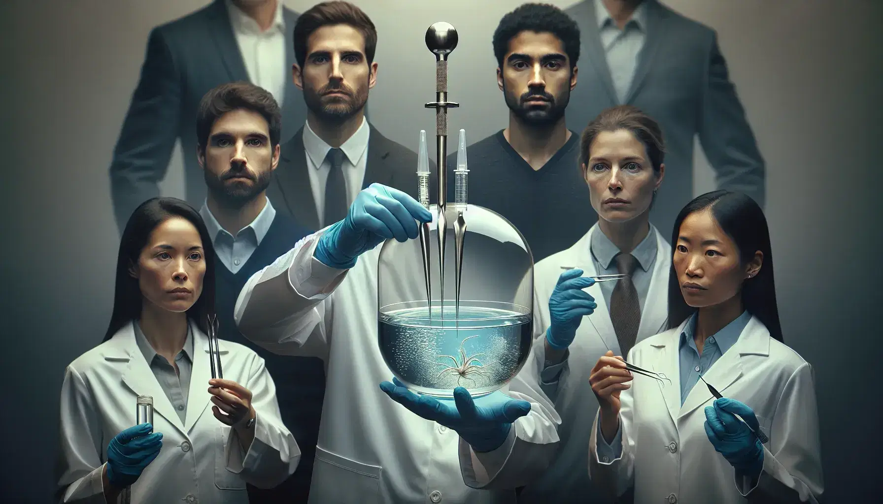 Five professionals of different ethnicities with scientific instruments: soil auger, sterile tweezers, blue test tube, Petri dish and water sample bottle.
