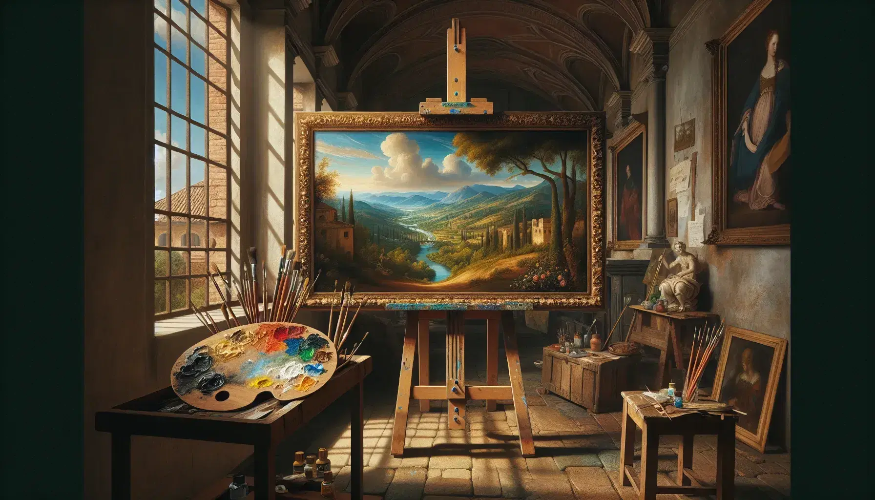 Renaissance artist's workshop with an unfinished landscape painting on an easel, a palette with oil paints, and scientific instruments on an oak table.