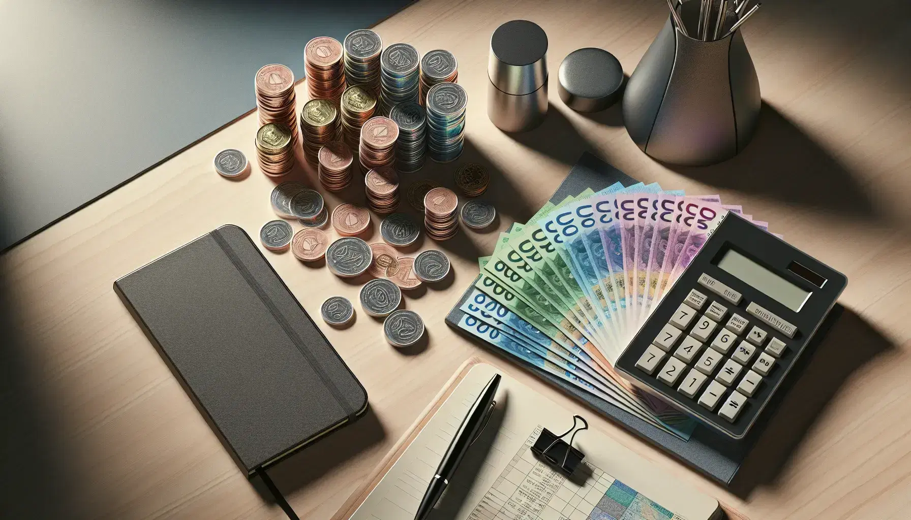 Escritorio de madera clara con calculadora moderna, billetes de colores y monedas apiladas, smartphone y cuaderno abierto con bolígrafo.