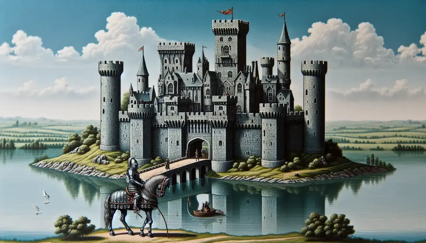 Castello medievale in pietra grigia con torri merlate e ponte levatoio chiuso, circondato da fossato, cavaliere armato a cavallo in primo piano, cielo azzurro con nuvole.