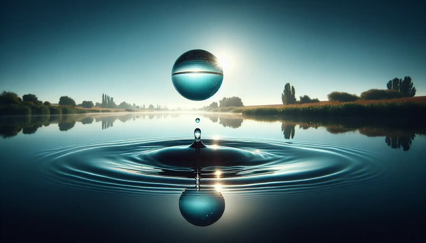 Goccia d'acqua sferica sospesa sul punto di toccare un lago calmo con riflessi del sole, circondata da vegetazione e cielo sereno.