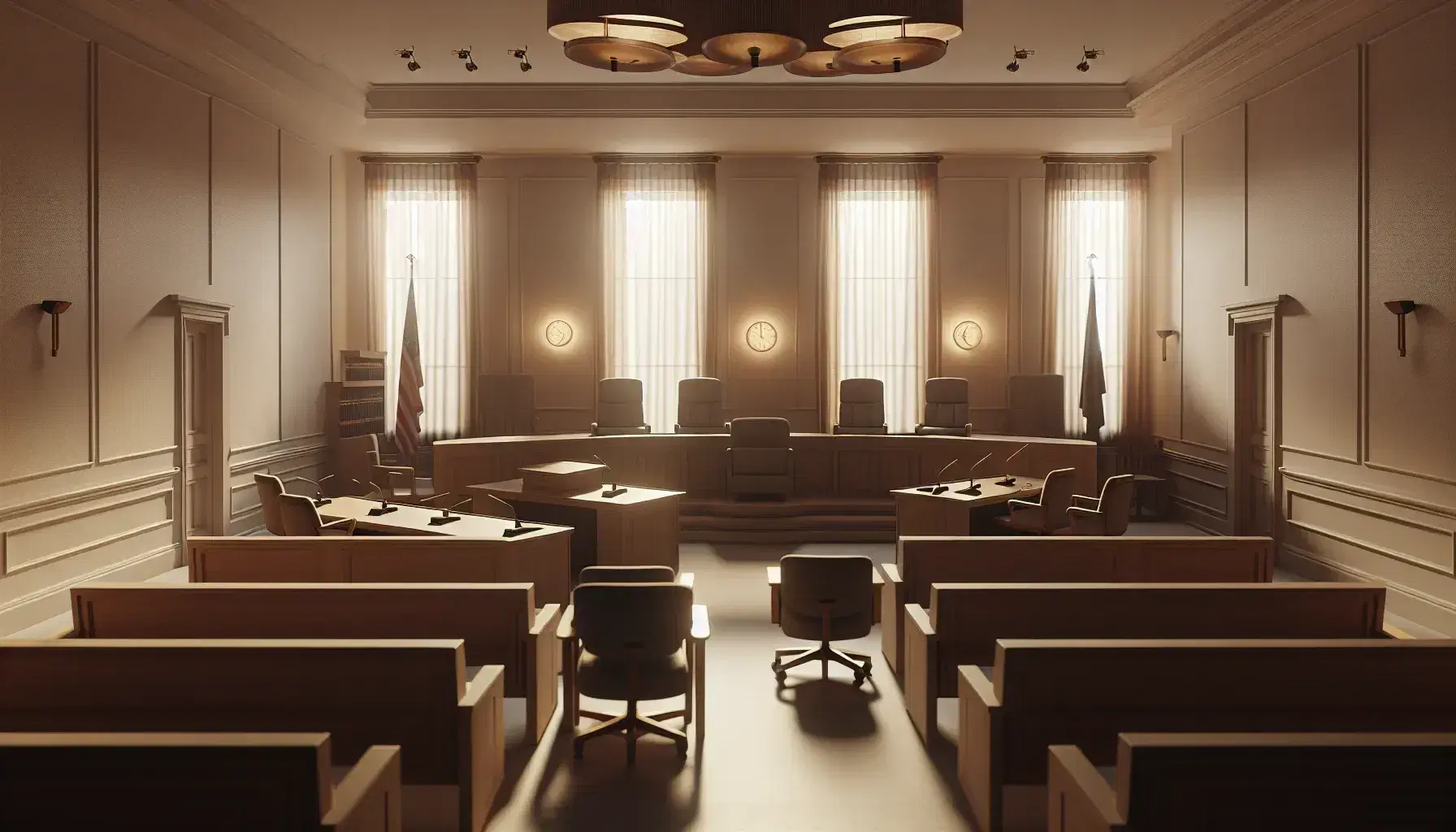 Sala de tribunal vacía con bancos de madera, estrado con mesa y sillas, mesas laterales, bandera lisa y ventana con cortinas, ambiente solemne.