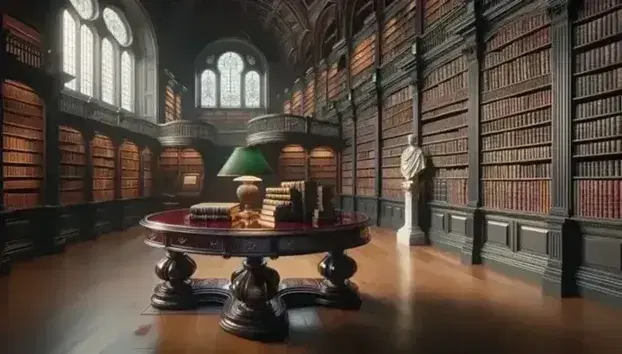 Biblioteca storica con scaffali in legno scuro pieni di volumi rilegati, tavolo ovale centrale, lampada antica e statua marmorea pensierosa.