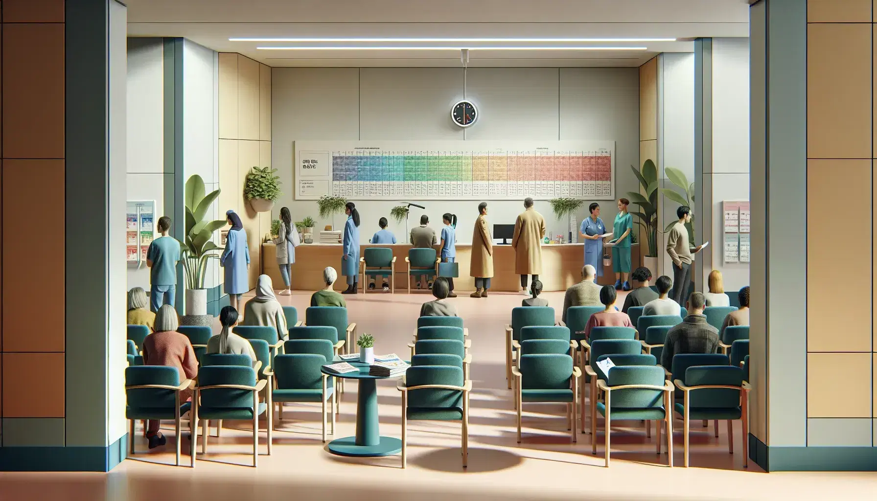 Grupo diverso de personas en sala de espera de clínica con sillas azules y verdes, mesa con revistas, plantas y mostrador de recepción con ordenador.