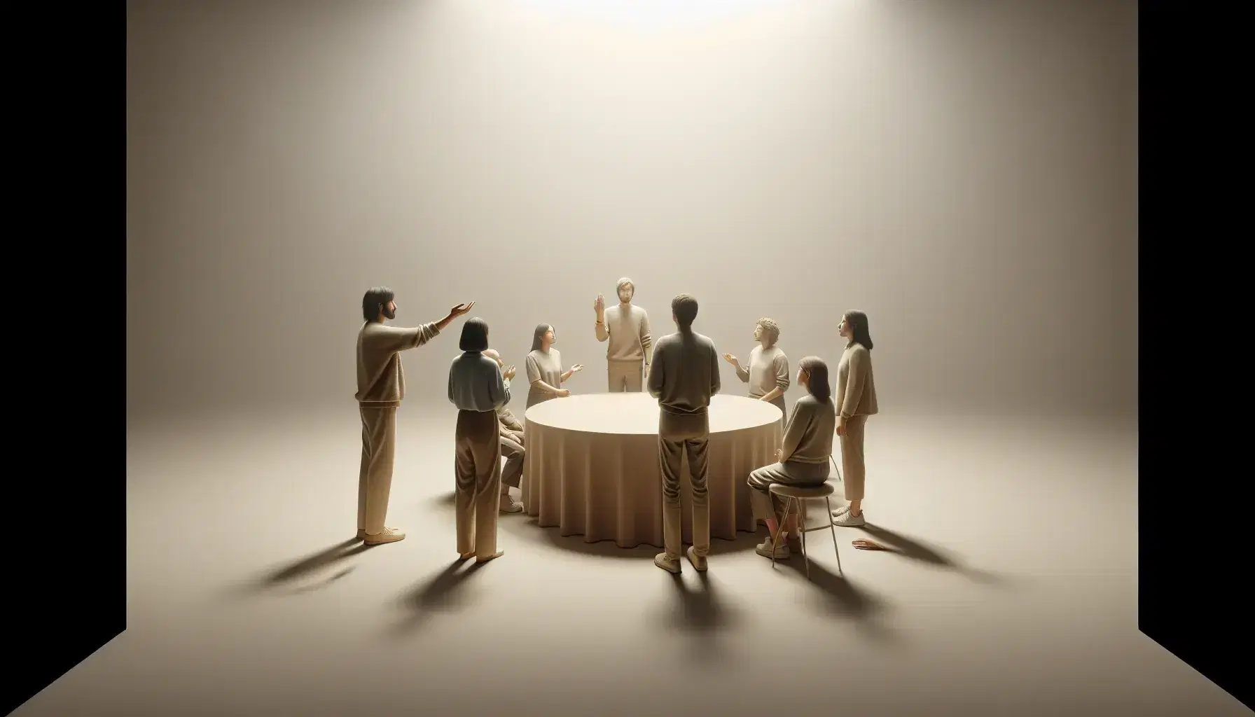 Grupo de personas interactuando en un espacio iluminado, con gestos de ofrecimiento, discusión activa alrededor de una mesa y presentación con señalamiento.