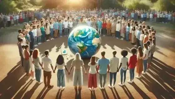 Gruppo multietnico in cerchio tenendosi per mano attorno a un globo terrestre, simbolo di unità globale, all'aperto con cielo azzurro.
