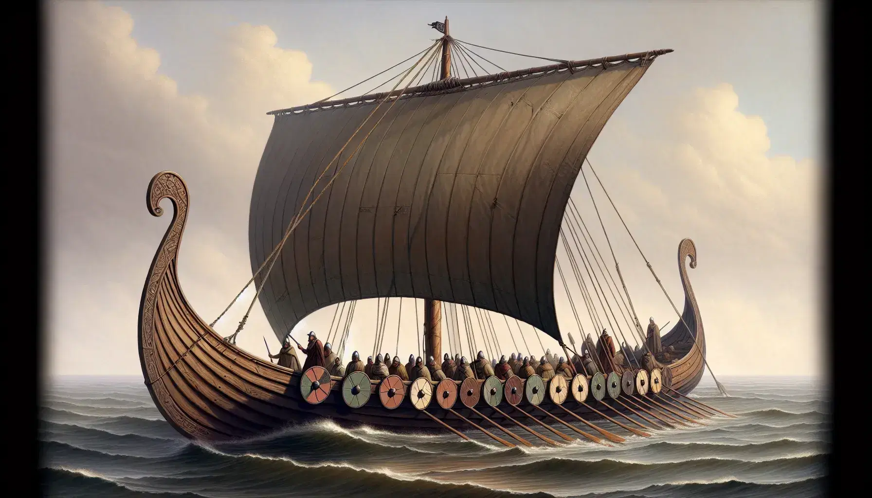 Viking longship with dark oak hull, red and yellow shields, and cream sail on calm sea, crew in period attire, faint coastline in the background.
