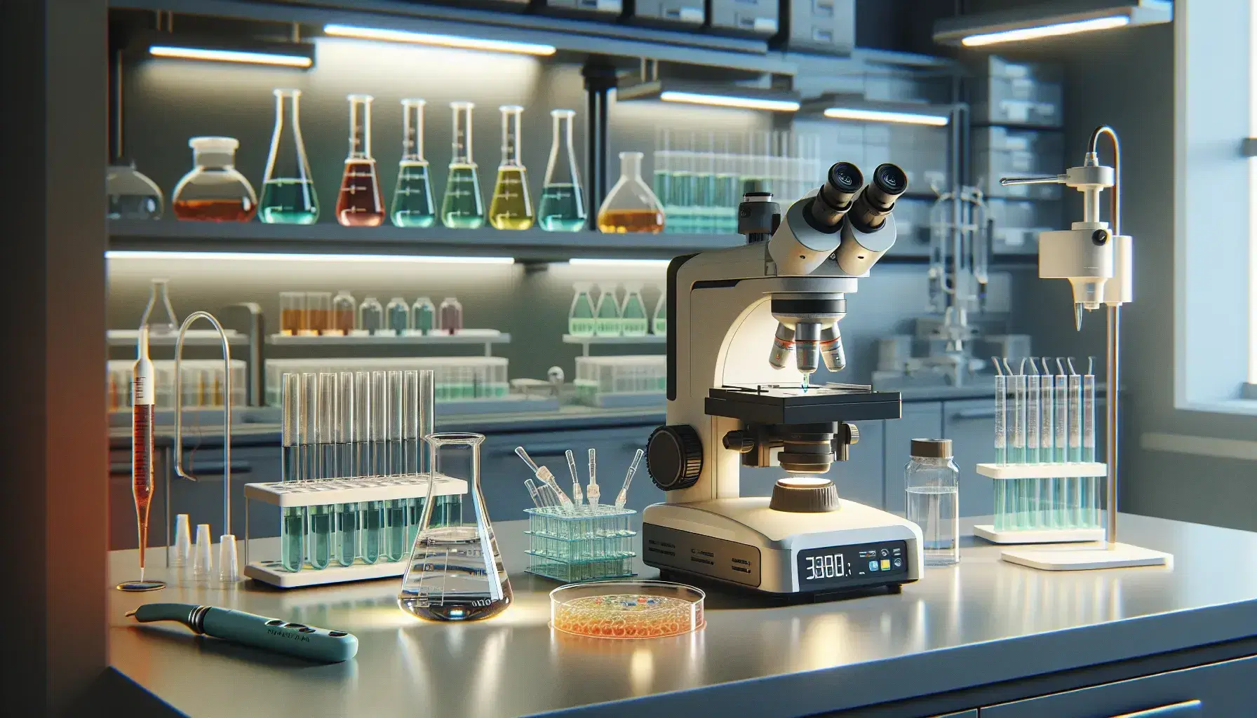Laboratorio de biología molecular con microscopio electrónico, tubos de ensayo con líquidos de colores, pipeta automática y placas de Petri en una mesa de trabajo.