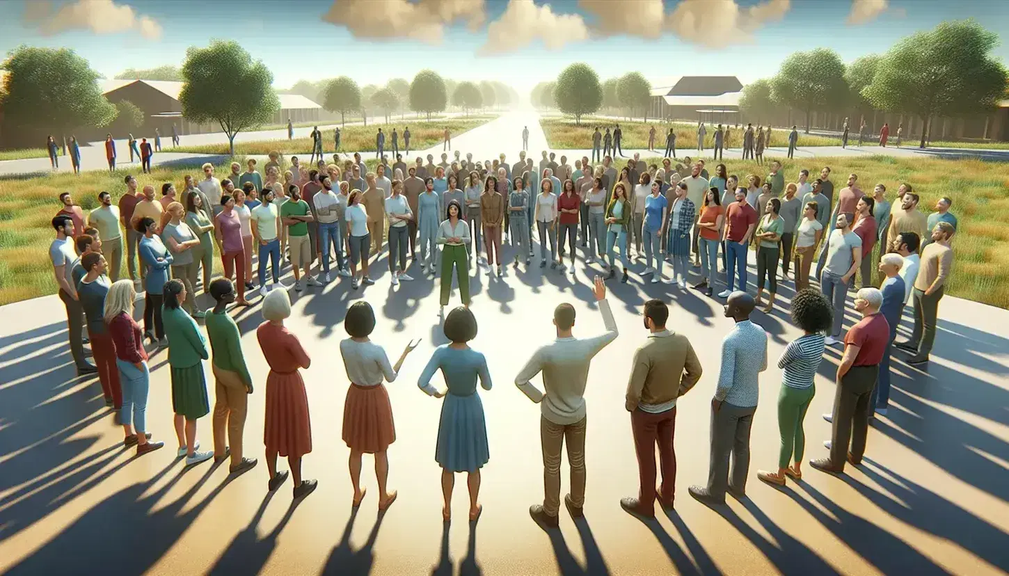 Grupo diverso de personas en asamblea al aire libre con una mujer liderando la conversación en un parque, reflejando participación y diversidad.
