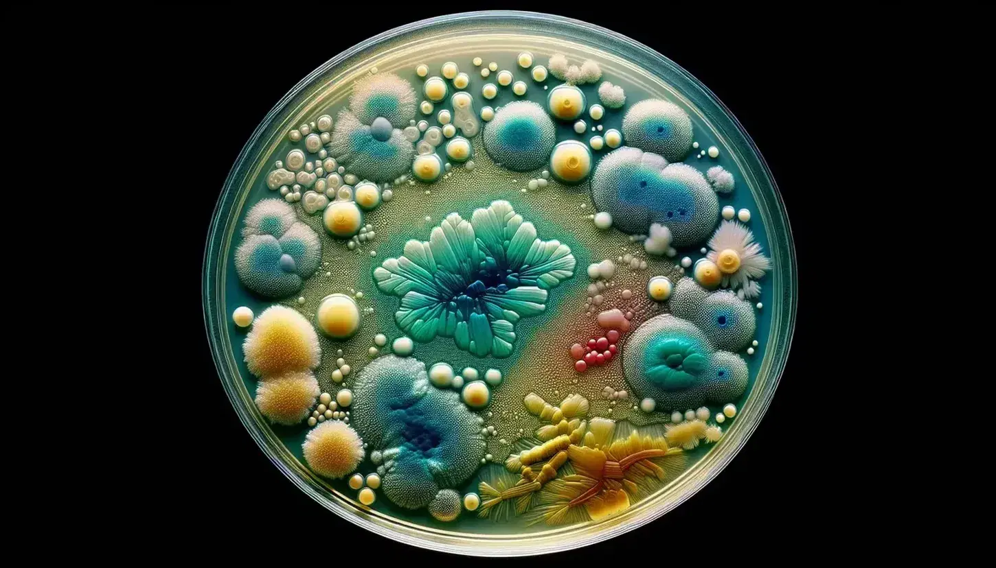 Vista microscópica de una colonia bacteriana en medio de agar con colonias de colores verde, azul, amarillo y rojo en placa de Petri.