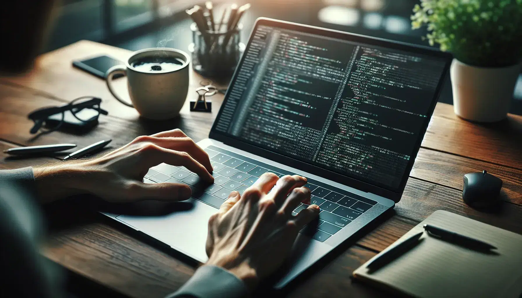 Hands typing on modern laptop keyboard on wooden desk, with cup of coffee and green plant, natural gradient light.