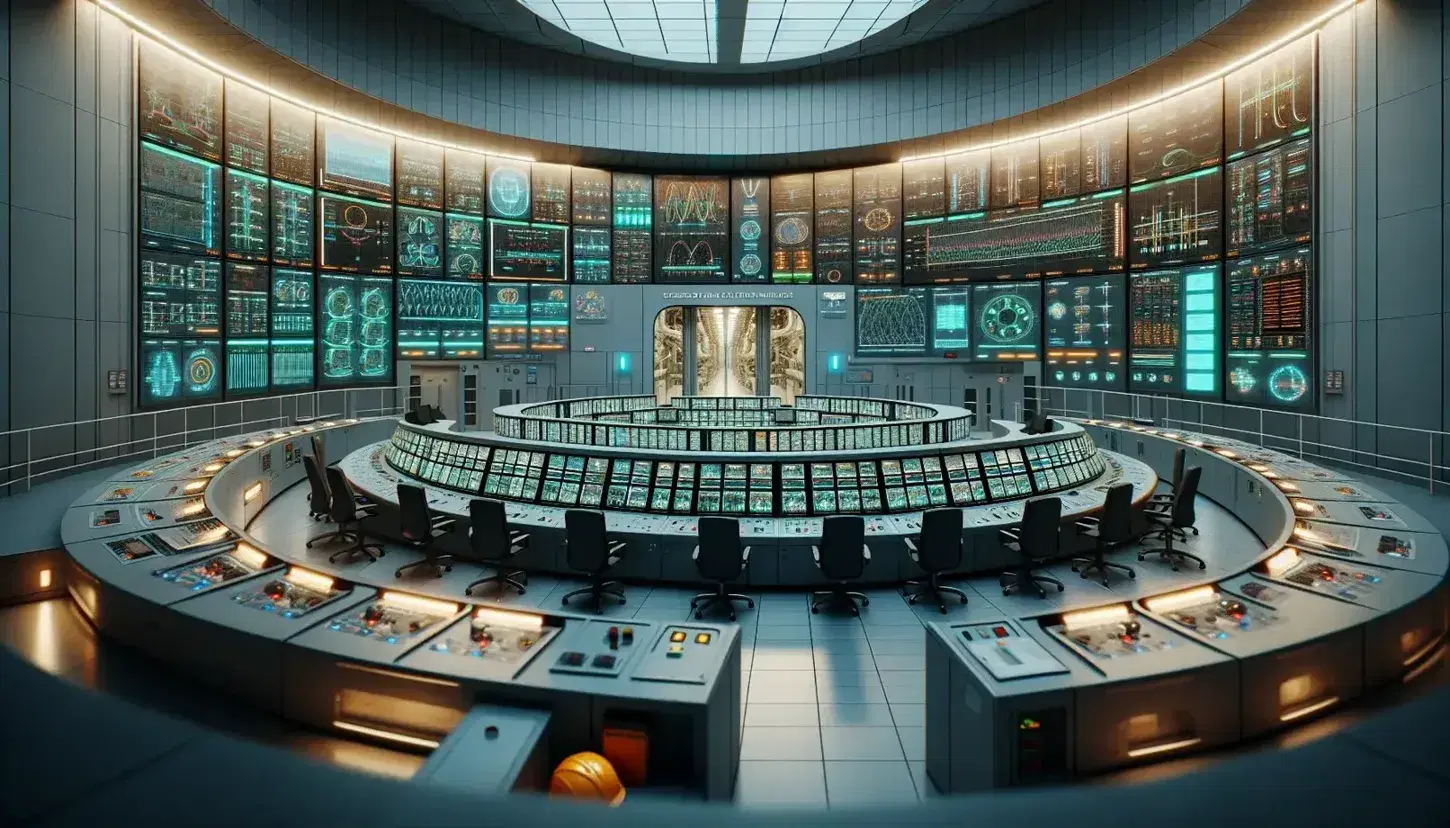 Sala di controllo di una centrale nucleare con pannelli curvi, schermi dati, operatori in tute blu, casco giallo in primo piano e tubature argento.