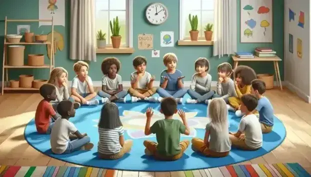 Bambini di diverse etnie seduti in cerchio su un tappeto colorato ascoltano un compagno che racconta una storia in una luminosa aula scolastica.