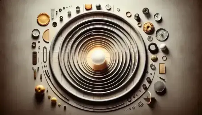Cerchi concentrici in materiali vari su sfondo neutro simboleggiano applicazioni pratiche del Pi, con sfera centrale riflettente.