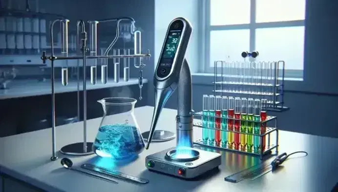 Science laboratory with digital thermometer in beaker with blue liquid, blue flame under glass flask, test tubes with colored liquids on shelf.