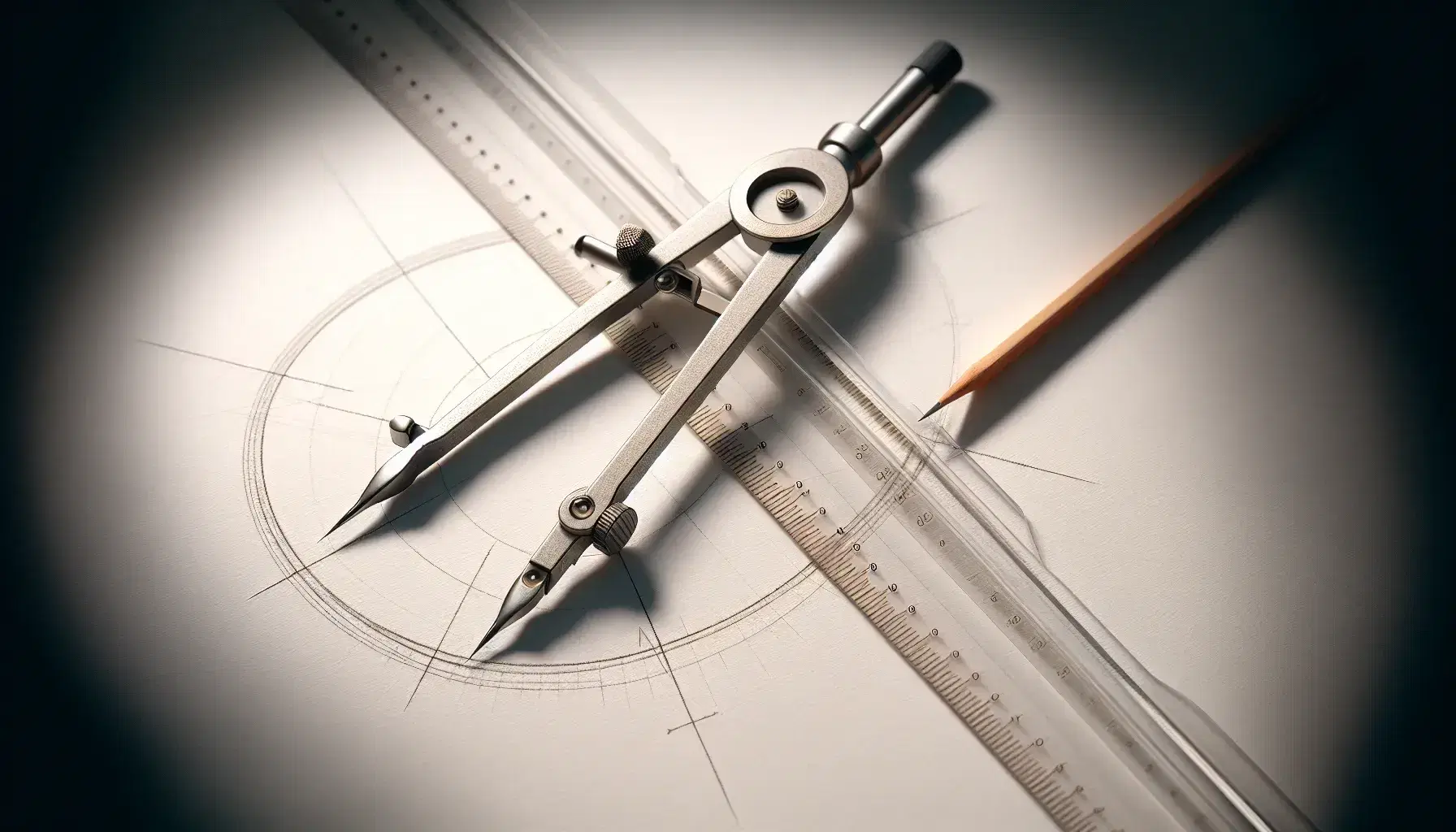 Close-up view of a metallic compass with open legs, one with a pencil, starting a circle on white paper, intersected by a clear plastic ruler.
