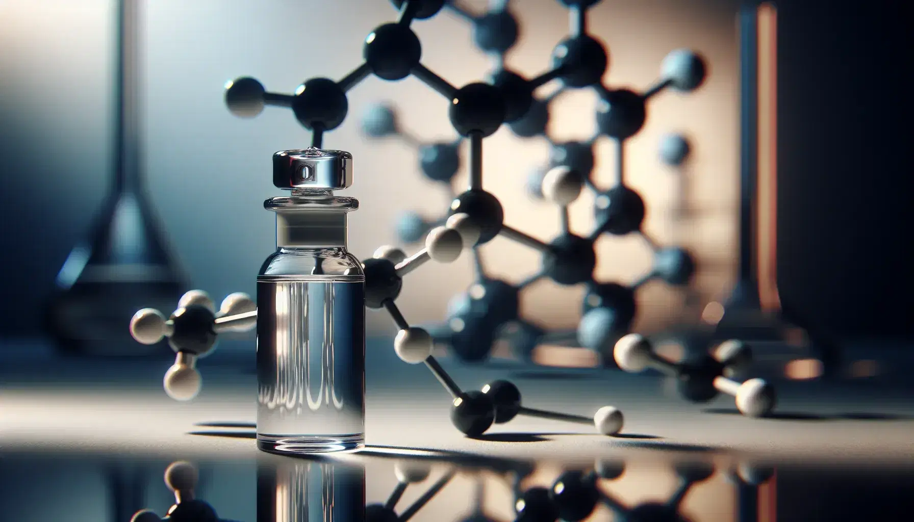 Glass vial with transparent liquid on reflective surface and molecular model of benzene with black and white spheres.