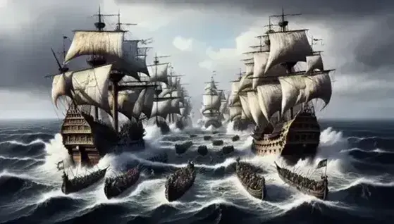 Due galeoni del XVI secolo si scontrano in mare aperto, con cannoni fumanti, vele gonfie e marinai in azione tra onde agitate.