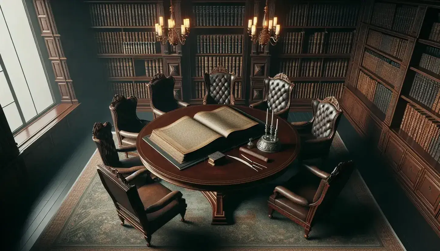 Serene library with a circular mahogany table, antique leather chairs, open book, quill pens, inkwells, and shelves filled with hardcover books.