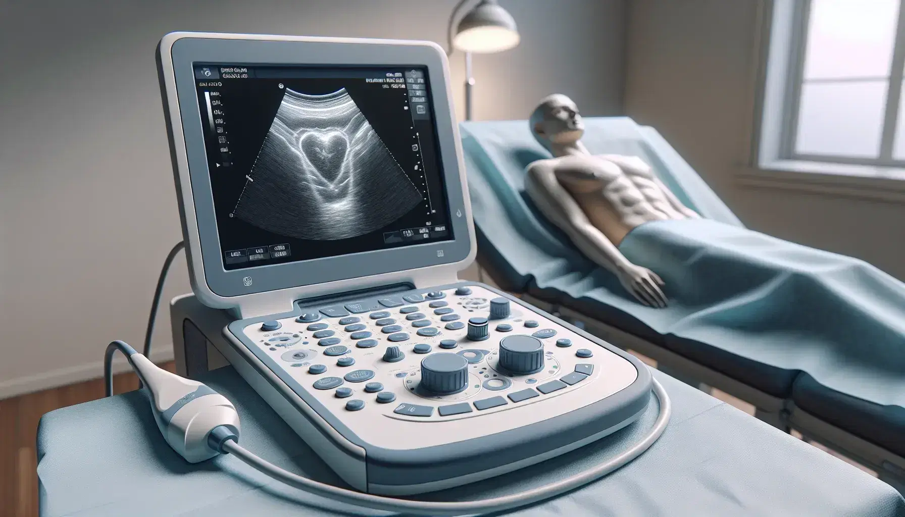 Ecógrafo blanco y gris en uso clínico con pantalla mostrando imagen seccional del cuerpo humano, transductor en contacto con paciente en camilla con bata azul.
